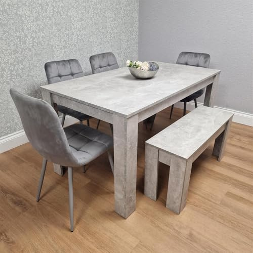 KOSY KOALA Dining Table and Chairs Set with 1 Bench - Stone Grey Kitchen Table with 4 Grey Velvet Dining Chairs - Modern 6 Seater Kitchen Room Furniture Set - 140 x 80 x 75 cm