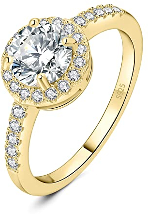 JewelryPalace Klassisch Rundschliff 1ct Moissanite Halo Promise Ring Damen, Schmuck Set, Verlobungsring Damenring Silber 925 mit Stein für Frauen, Simulierte Diamant Jubiläum Eheringe Vergoldet 59