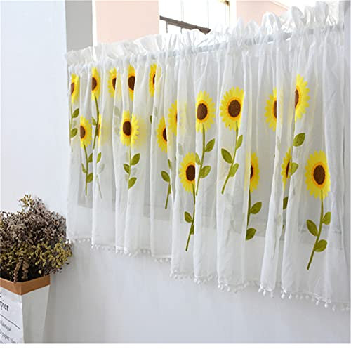 Surwin Blume Scheibengardine Bistrogardine mit Stangendurchzug Weiss Stickerei Kurzstores Gardinen Küchenvorhang Scheibengardinen für Küche Wohnzimmer Schlafzimmer Café (45x145cm,Sonnenblume)