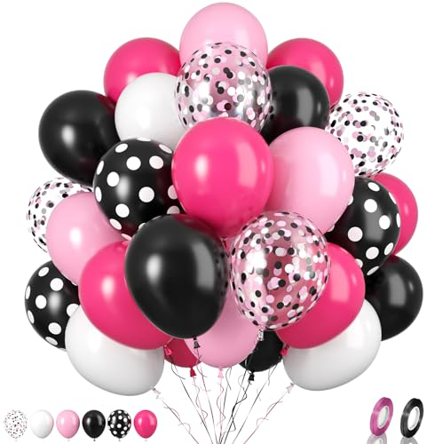 Pink Black Balloon Set, 60PCS Rose Red Black Birthday Balloons, 12 Inch Hot Pink White Latex Balloons Black Dots Pink Confetti Helium Balloon for Birthday Bridal Party Supplies
