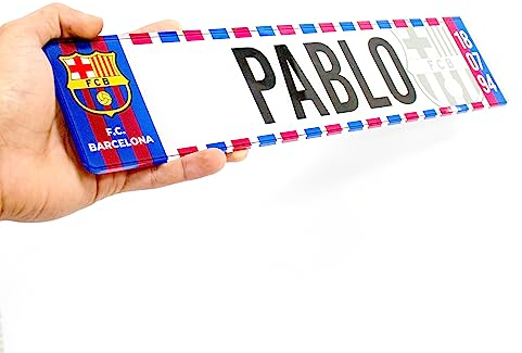 Visual Stocks FC Barcelona - Matricula Metacrilato Personalizada Equipo de Futbol Barça - Matricula con Nombre - 38cm x 8cm - Placa Impresion Directa - Nombres Decorativos Personalizados
