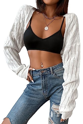 GORGLITTER Damen Super Cropped Strick Cardigan Langarm Bolero Tops Sweater Open Front Jacke Strickbolero Weiß S