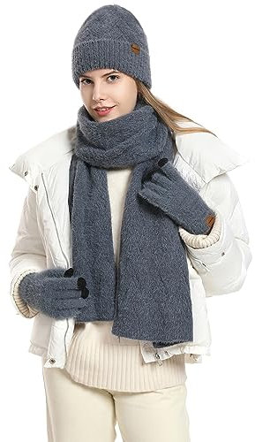 CAMLAKEE Damen Mütze Schal Handschuhe Set Frauen Winter Beanie Wintermütze DamenSchal Handschuh für Teenager Mädchen Dunkelgrau