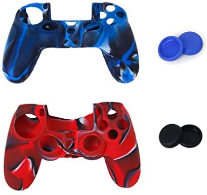 Tiuimk 2 Paar PS4 Silikon Schutzhülle und Joystick Kappen, Rot/Schwarz und Blau, kompatibel mit PS4 Controller