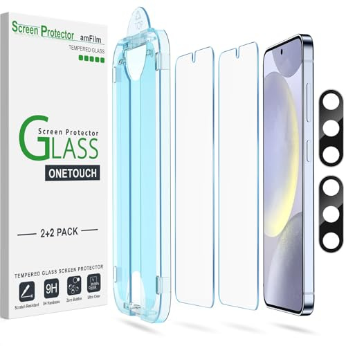amFilm Paquete de 2 + 2 protectores de pantalla de vidrio templado OneTouch de alineación automática para Samsung Galaxy S24+ Plus de 6.7 pulgadas, con protector de lente de cámara, instalación en 30