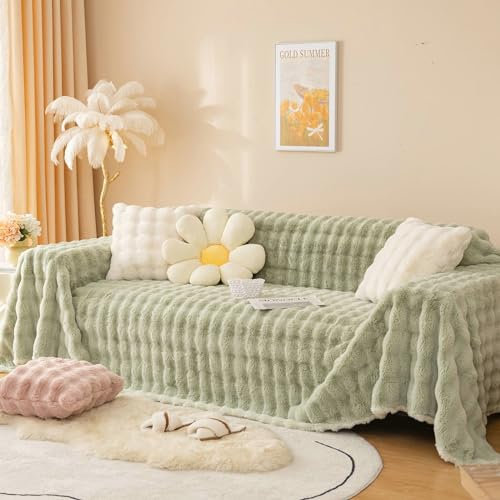 Ayoiow Sofa Überzug Wasserdicht Sofahusse Grün Sofabezug 4 Sitzer Polyester Einfarbige, Flauschige Gitterstruktur