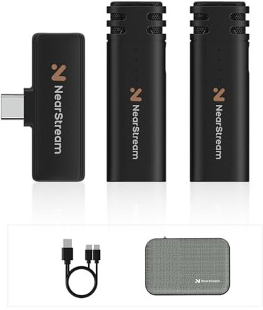 NearStream AWM10T Microfono lavalier wireless per telefono, mini microfono portatile a doppio canale con clip e ricevitore per smartphone/tablet, plug-play per
