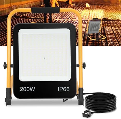 Joparri LED faretto da cantiere luce da lavoro, 200W incl. stativo pieghevole e cavo di rete 3M, lampada da cantiere 18000LM, 6000K bianco freddo IP66 impermeabile per interni esterni (con spina)