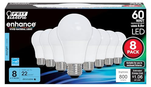 Feit Electric A19 LED Light Bulbs, 60W Equivalent, Dimmable, E26 Standard Base, 90 CRI, 800 Lumens, 5000K Daylight, 120V, 22 Years Lifetime, Damp Rated, 8 Pack, OM60DM/950CA/8