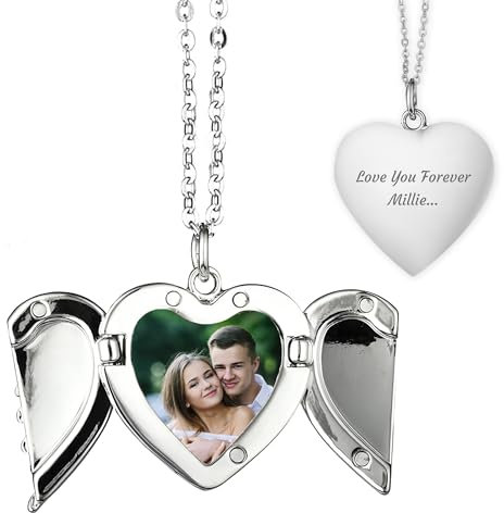 Print Maniacs Personalised Heart Locket Necklace with Engraved Text and Photo Mother Day Birthday for Mum Thoughtful Memorial Gifts, for Mum, Girlfriend, Women, and Girls Silver