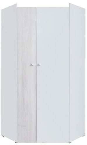 Lomadox Eckkleiderschrank Kleiderschrank Eckschrank Mehrzweckschrank Jugendzimmer 2-türig weiß mit Eiche hell 90x190x90cm