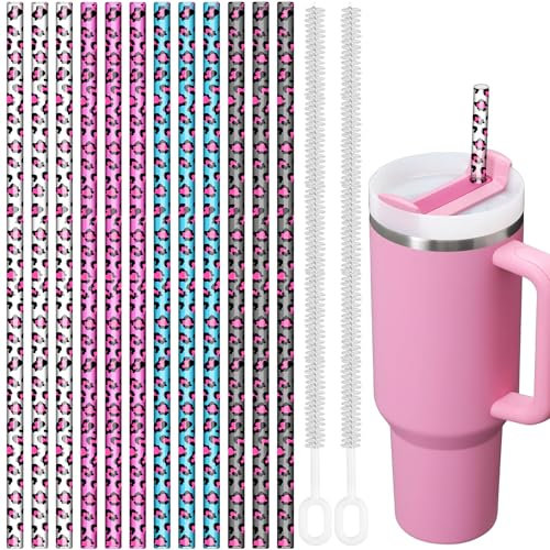 NiHome 12-Pack Reusable Leopard Straws for Stanley 40oz & 30oz Tumbler, Replacement 12 Long Plastic Straws Fit for Simple Modern Yeti Meoky with 2 Brushes, Durable BPA-Free (4 Colors)