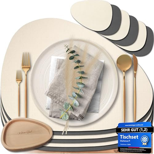 Mahewa® 6er Set Premium Tischset aus Kunstleder - Platzset abwaschbar und wasserdicht - Platzdeckchen Telleruntersetzer in Lederoptik (Dunkelgrau/Creme, Oval mit Halter)