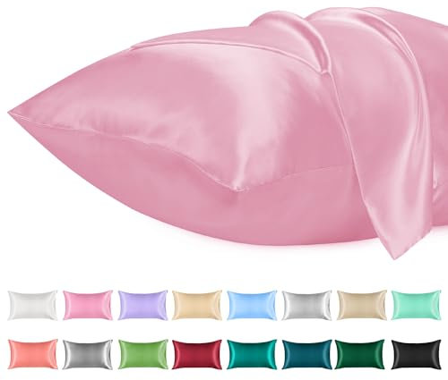 Lirex Lot de 2 Taies d'oreiller Satin, Similaires à la Soie, Infroissables, Satinées Housse d'oreiller Douces Prend Soin de Votre Peau et Antichute de Cheveux (Rose Sakura, 50 x 75 cm)