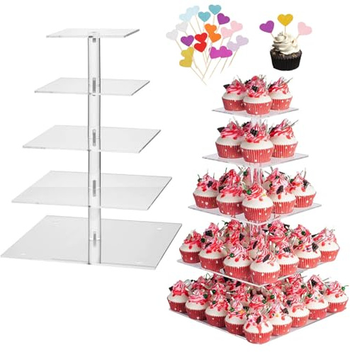 5 Tier Large Acrylic Cupcake Stand with 20 Cake Plugin,Clear Glass Dessert Stand,Acrylic Display Stands Cupcake Tower Pastry Tower for Wedding, Birthday,Bar Parties (Square)