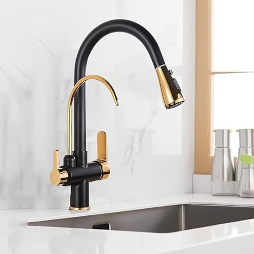 ZYCDP Wasserhahn Osmoseanlage 3 Wege, Wasserhahn Küche mit Filter Wasser, Mischbatterie Küche Messing, schwarz+gold