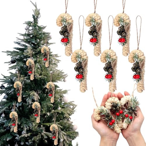 Colingmill Lot de 6 décorations de Noël en jacinthe d'eau en sucre d'orge à suspendre avec 3 clochettes et nœuds en cèdre vert avec baies rouges