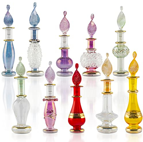 CraftsOfEgypt Genie - Bottiglie di profumo in miniatura in vetro soffiato per profumi e oli essenziali, set di 5 fiale decorative, ciascuna alta 5 cm, colori assortiti
