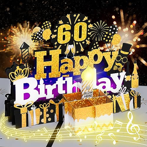 Geburtstagskarte zum 60., musikalische Geburtstagskarte mit ausblasbarer Kerze, „Happy Birthday“-Lied, Kuchen-Pop-up-Grußkarte für Frauen, Männer, Kinder, Ehemann, Ehefrau, Mama, Papa, Tochter