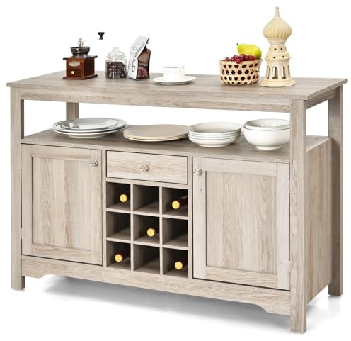 KOMFOTTEU Küchenschrank mit 2 verstellbaren Ablagen, Sideboard mit 2 Türen & 1 Schublade & 9 Weinwürfeln, Kommode aus Holz, Buffetschrank Beistellschrank 116 × 40 × 80 cm