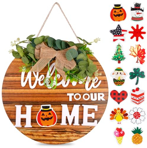 Vegena Panneau de Bienvenue en Bois - 30 cm x 30 cm - 14 Élément Décoratif Interchangeable - Plaque de Bienvenue pour Décoration de Porte - Rustique - Montage Mural