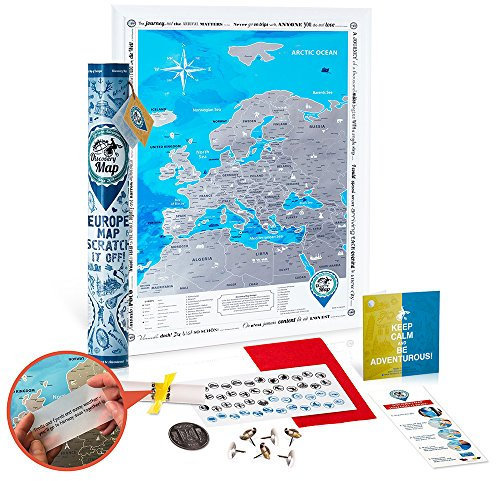 DMap factory™ Europakarte zum Rubbeln – 68 x 48 cm – Länder, Städte, Flüsse und Gebirge – mit Zubehör und Geschenkröhre – Scratch-off Map Europe – Rubbelkarte – Geschenk für Reisende