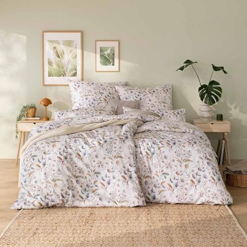 ESTELLA Mako-Satin Bettwäsche 135x200 Jolanda Creme Wiesenblumen Blätter 7953-215