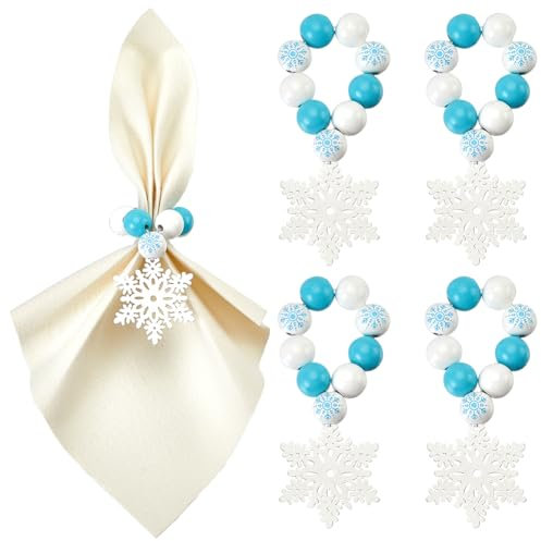 SUNNYCLUE 6 Set Serviettenringe Aus Holz Weihnachtsserviettenring Winter Serviettenhalterringe Schneeflocken Blau Weiße Holzperlen Serviettenringe Aus Holzperlen Für Weihnachtsfeiertagspartys Abendess