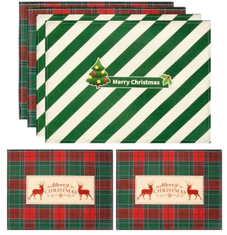 Xiaozhifu Weihnachten Tischsets 6er Set, 33 x 45cm Klassischer Büffel-Karo kariert Elch Gestreifter Weihn achtsbaum Platzsets, Polyester Leinen Platzdeckchen für Winter Urlaub Küche Party Deko