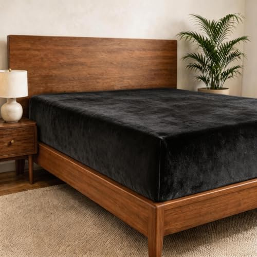 Cathay Home Queen Flannel-Plush Fur Fitted Sheet - Ultra Soft & Thick Plush Fur - All Season Cozy Warmth - 12 Deep Pocket Fitted Sheet Only (Queen, Black)