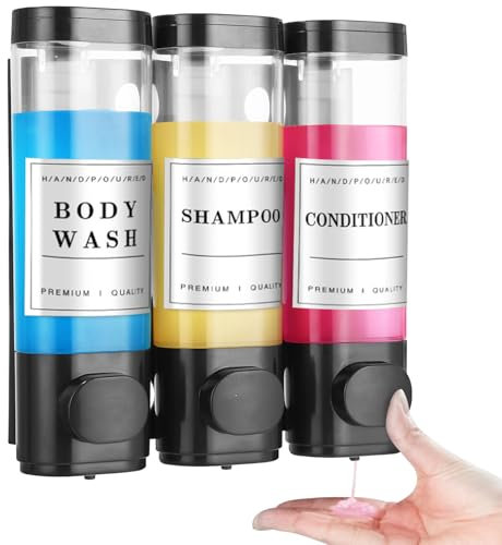 Zaxiva Dispenser Sapone, dispenser per shampoo e balsamo, senza trapano, dispenser per doccia da parete con etichette adatto per shampoo, balsamo, bagnoschiuma (300ml*3, Nero)