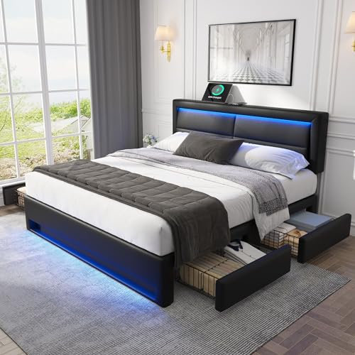 Wyibwy Cama acolchada de 140 x 190 cm, cama de matrimonio con conexión USB (soporta carga inalámbrica y por cable), cama con iluminación LED y 4 cajones de almacenamiento, material PU, negro