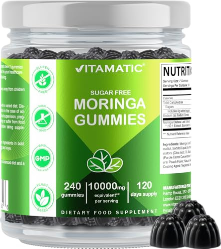 Vitamatic Sugar Free Moringa Gummies - 50:1 Extract 200 mg - Complete Green Superfood - 240 Pectin Based Gummies
