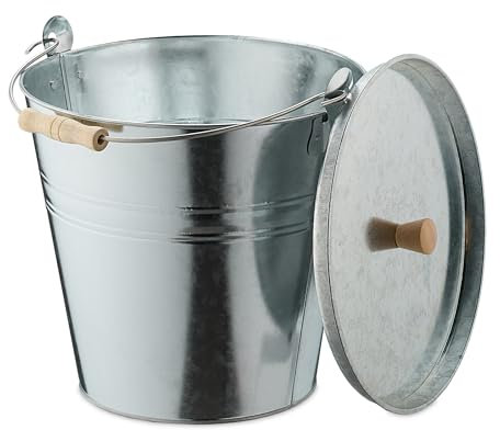 Relaxdays Ascheeimer mit Deckel, 12,5 Liter, Henkel mit Holzgriff, für Kohle & Asche, Kamin, Stahl Aschetonne, Silber