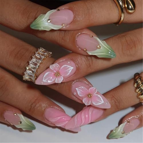 XAGMODSHN Lot de 24 faux ongles à coller en forme d'amande avec motifs floraux 3D français