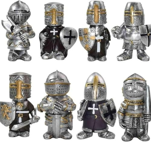 Knight Gnomes Garden Statues, Garden Knight Dwarf Statue, 8 Pieces Renaissance Templar Crusader Figurines, Mini European Knights Sculpture for Yard Lawn Art Decor Gifts