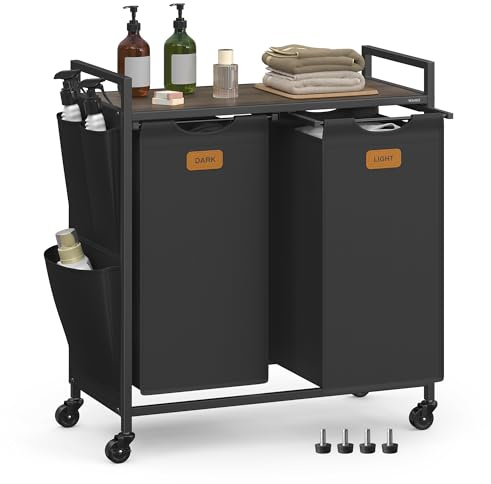 VASAGLE Wäschekorb 2 Fächer, 100 L, Wäschewagen mit Ablage, Rollen | Wäschesammler/-sortierer/-sack, kleine seitliche Taschen, 6 Etiketten, tintenschwarz-aschbraun, STEVIE Kollektion BLH222BH01