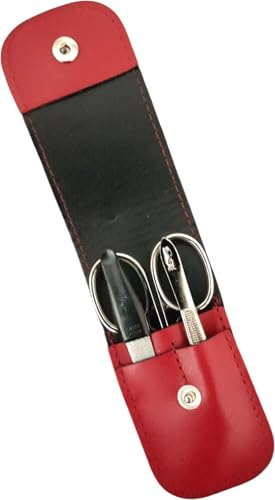 3-teiliges Solingen Maniküre Set mit Leder Etui, Nagelschere, Feile, Pinzette, Made in Germany (Rot)