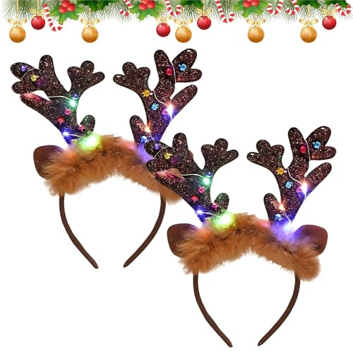 ZeiLaBang Kakadi 2 Stück Rentier Stirnband mit LED,Weihnachts haarreif mit LED,Weihnachten Beleuchtete Stirnbänder,Weihnachten Haarband,für Weihnachten Weihnachtsfeiern Party Haarschmuck