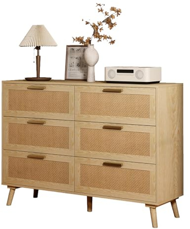 OOFAYJIA Rattan Kommode mit 6 Schubladen, Sideboard Büffet Schrank aus Massivholz mit Metall Griffen, für Küche Esszimmer Wohnzimmer, Speisezimmer Aufbewahrungsschrank