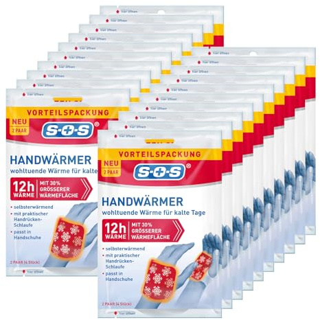 SOS Handwärmer – 20x 2 Paar (4 Stück) – Wärmepads zur Einmalanwendung – bis zu 12 Stunden Wärme – selbsterwärmend durch Sauerstoff – mit Handrückenschlaufe – ideal für Winter & Outdoor