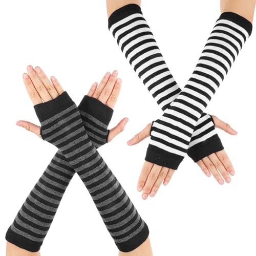 XLIUAX 2Paar Fingerlose Armstulpen Damen, Therian Stuff Striped Arm Warmers | Punk Gothic Streifen Strick Armstulpen Warme Dehnbare Strickhandschuhe mit Daumenloch für Damen und Herren Carnaval