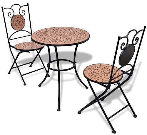 Tonture 3-TLG. Bistro-Set Keramik Terrakotta-Rot, Mosaik Gartenmöbel für Außenbereich, Pulverbeschichteter Eisenrahmen, Ø 60cm Tisch, 2 Stühle, Balkon Terrasse Sitzgruppe