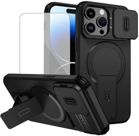 Tothedu Case for iPhone 14 Pro Cases with Tempered Glass Screen Protector, Compatible with MagSafe, Slide Camera Cover, Kickstand Phone Cover for iPhone 14 Pro Black