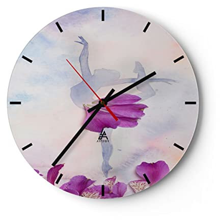 Modern Wanduhr Ballett Blumen Mädchen Eleganz 30x30cm Rund Klein Wand Uhr Glas Analog Zimmeruhren Küche Büro Wohnzimmer Glasuhr Wall Clock Dekoration Design Wanddekoration Küchenuhr C3AR30x30-3104