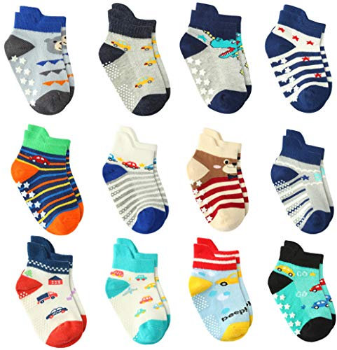 12 Paia Ragazzo del Bambino Calzini Antiscivolo in Cotone, Calzini Antiscivolo per Bambini (12 Paia, 12-36 mesi)