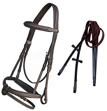 Exion Comfort weich gefütterte Trensenzaumzeug Jäger Springtrense mit abnehmbarem Blitz & Gummizügeln | anatomische englische Trense für Pferde (Choco Brown, Full)