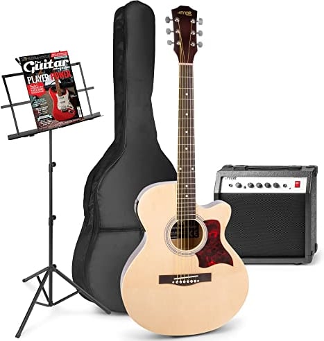 MAX Guitarra Electroacústica Madera para Principiantes y Avanzados - Set Completo con Amplificador 40W, Atril, Funda, Afinador Digital, Púas, Correa, Cable y Cuerdas de Repuesto