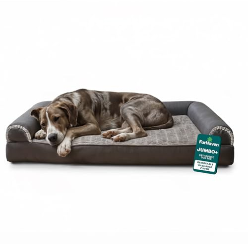 FurHaven Orthopedic Dog Bed For Large Dogs, Sofa Contour Mattress with Solid Orthopedic Foam Slab for Joint Support, Removable Washable Cover, Jumbo Plus XXL, Faux Fur, Charcoal