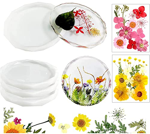KKSJK 4 Stück Untersetzer Epoxidharz Silikonformen, 24 Stück Natürliche Gepresste Getrocknete Blumen, DIY Harz Casting Formen, Diamantkante Runde Form für Haus Dekoration